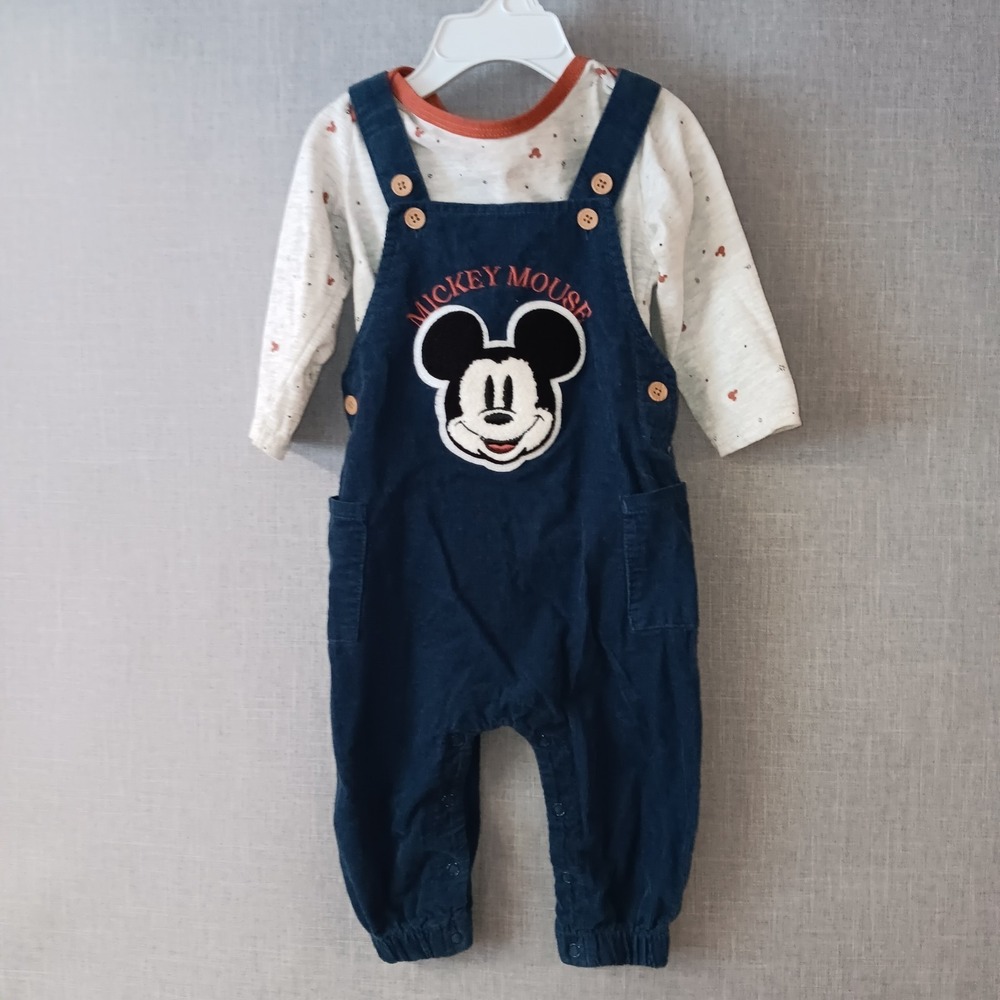 Disney‎ Baby Mickey Mouse Overall Set Corduroy Long Sleeve Shirt 12M Snap Legs